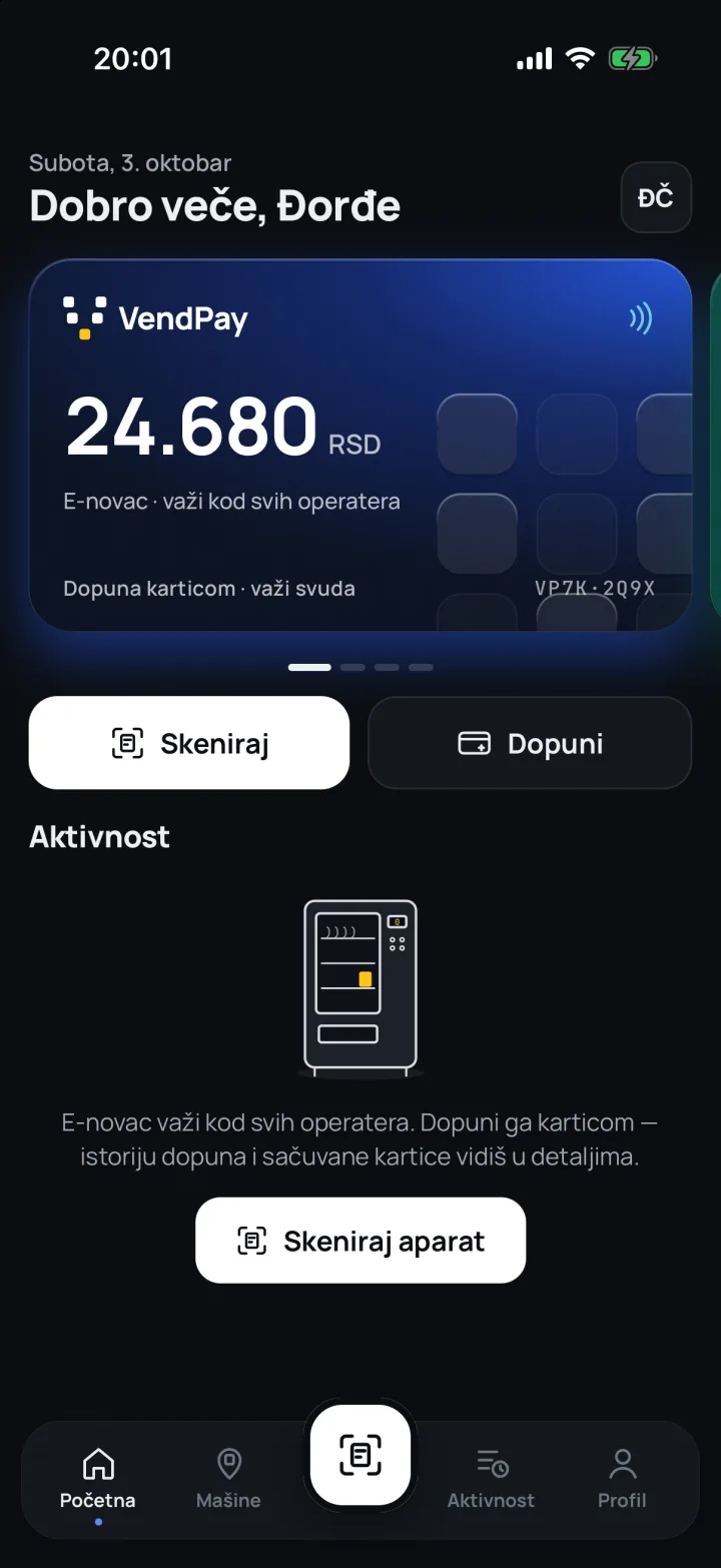 VendPay aplikacija — izgled usklađen sa temom sajta