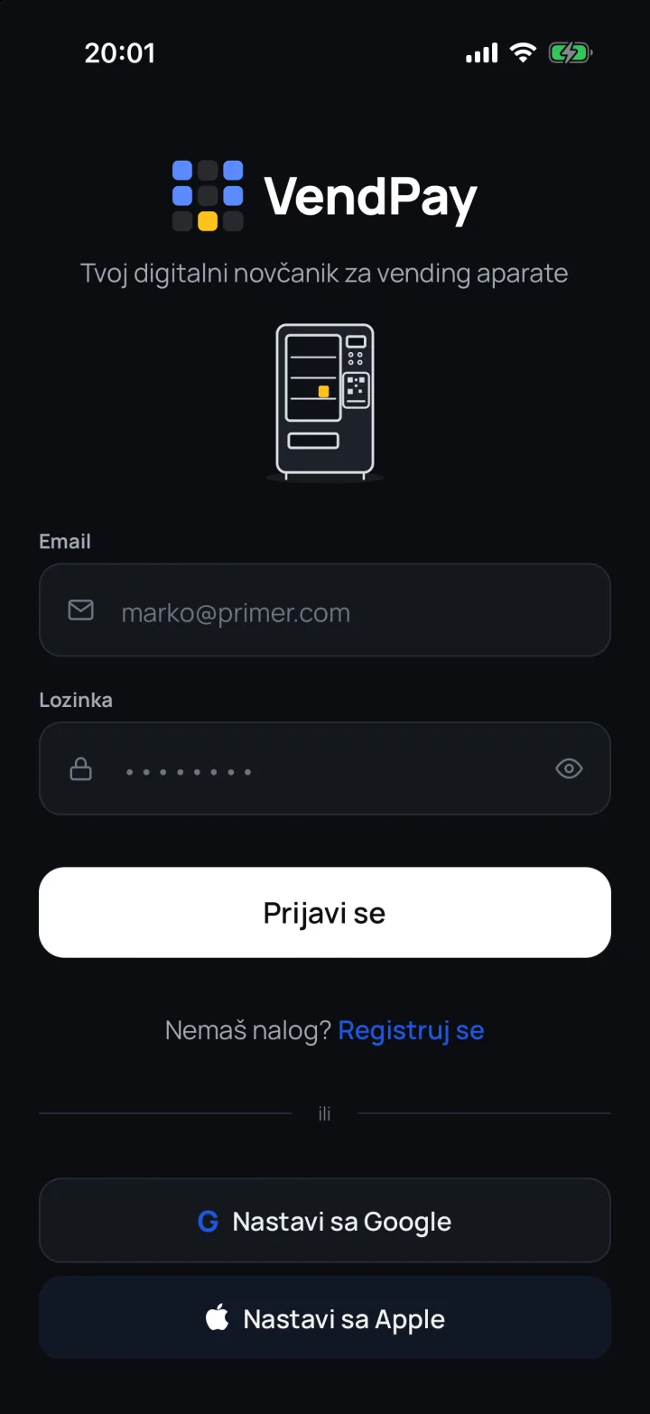 VendPay aplikacija: prijava