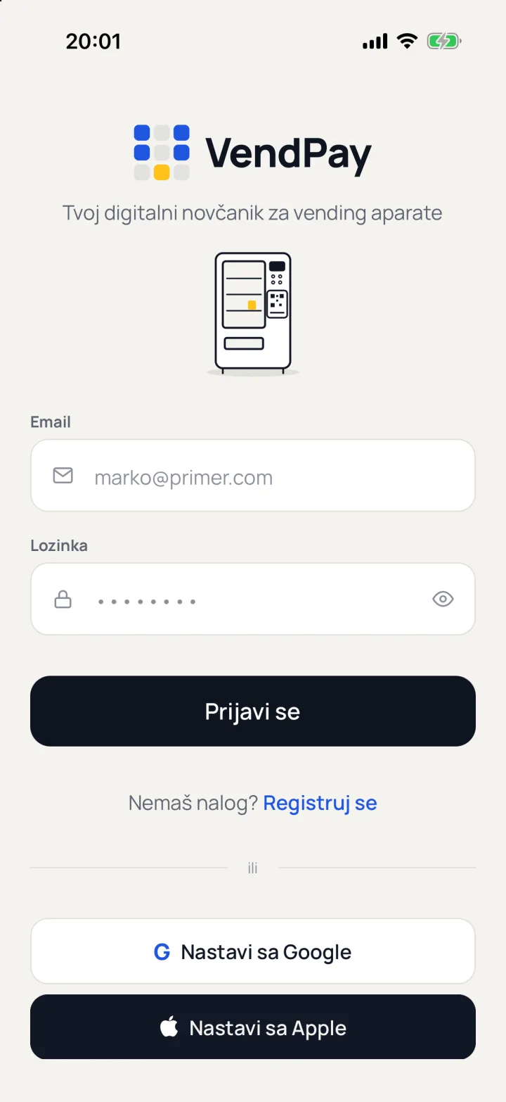 VendPay aplikacija: prijava